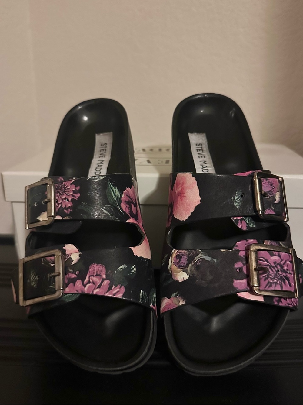 Steve Madden Black Floral Double-Buckle Slide Mules